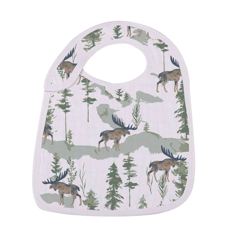 Soft bamboo muslin bib with nature design and adjustable snap closure.