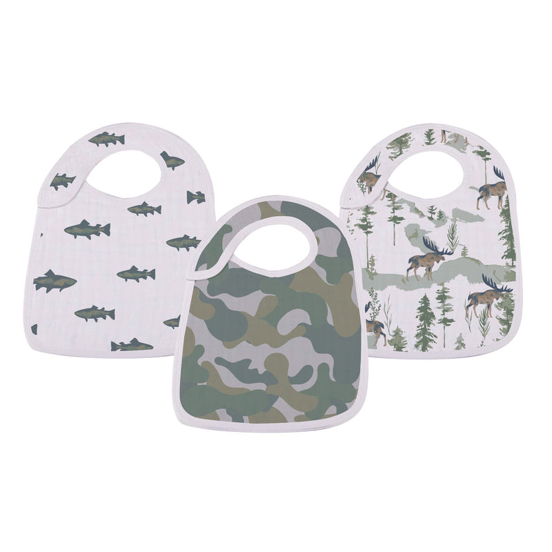 Gone Fishing Snap Bibs in bamboo muslin with fishing and nature designs.