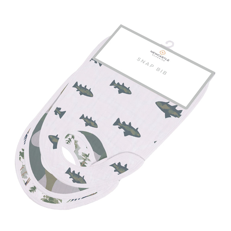 Gone Fishing Snap Bibs made from soft bamboo muslin with fish print and adjustable snaps.