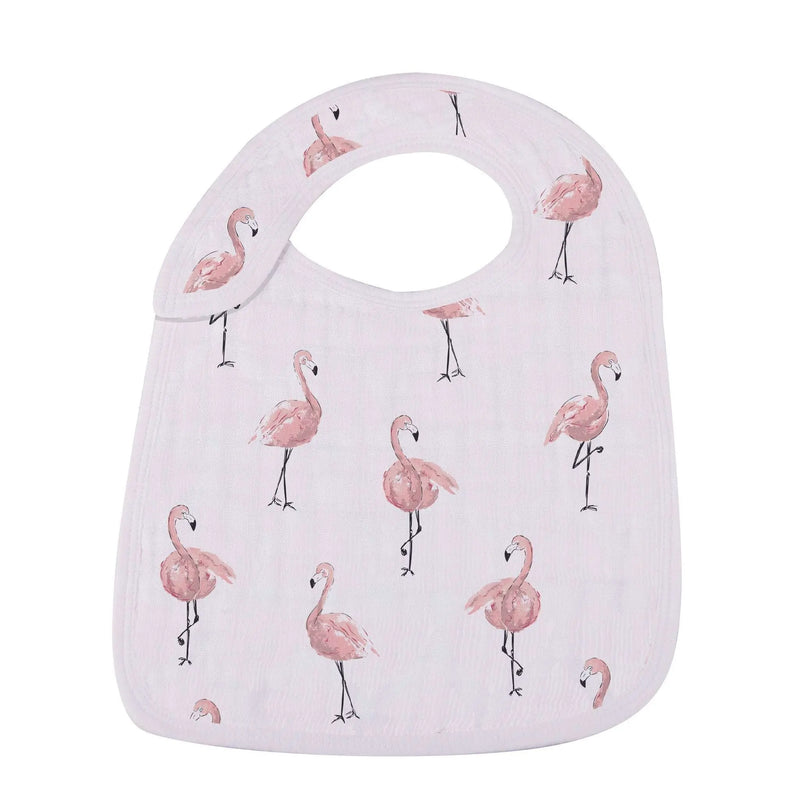 Tropical Paradise Bamboo Snap Bib featuring pink flamingo pattern on natural bamboo muslin.