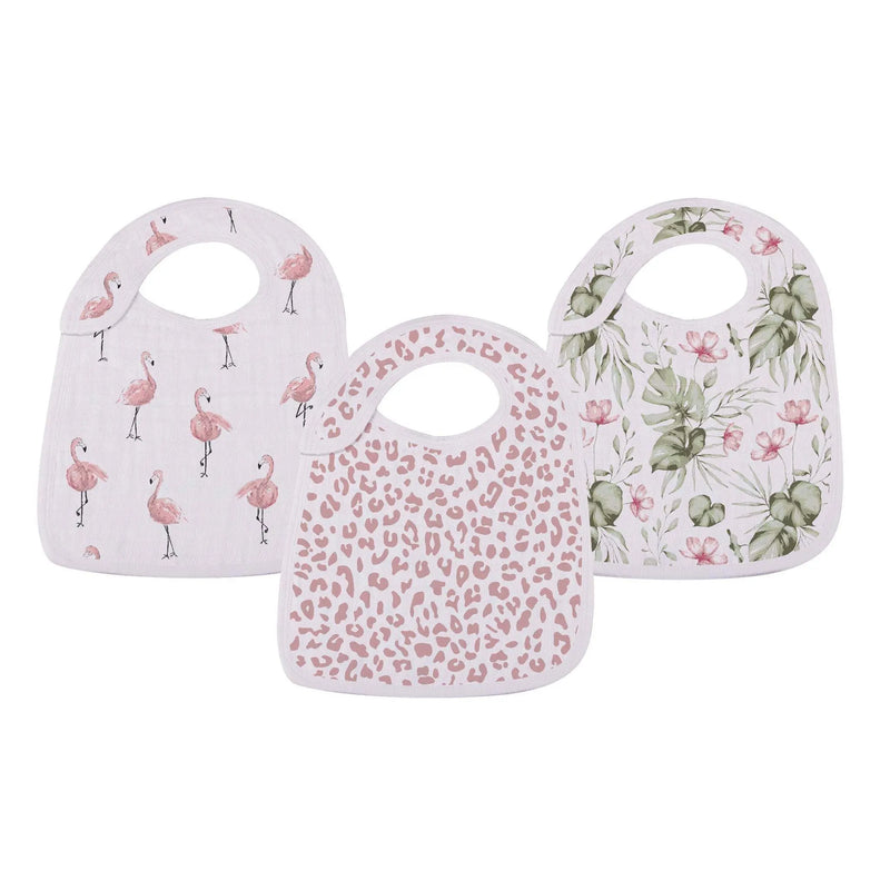 Tropical Paradise Bamboo Snap Bibs 3PK featuring flamingo, leopard, and floral designs.