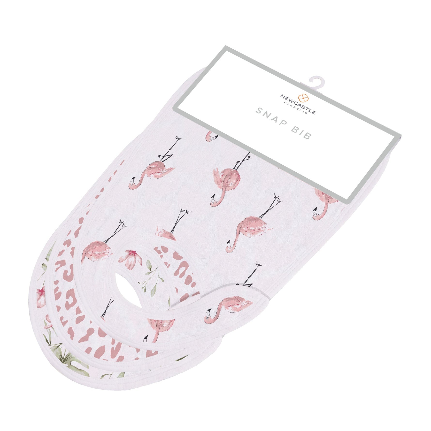 Three bamboo muslin baby bibs with tropical paradise prints and front snap closures