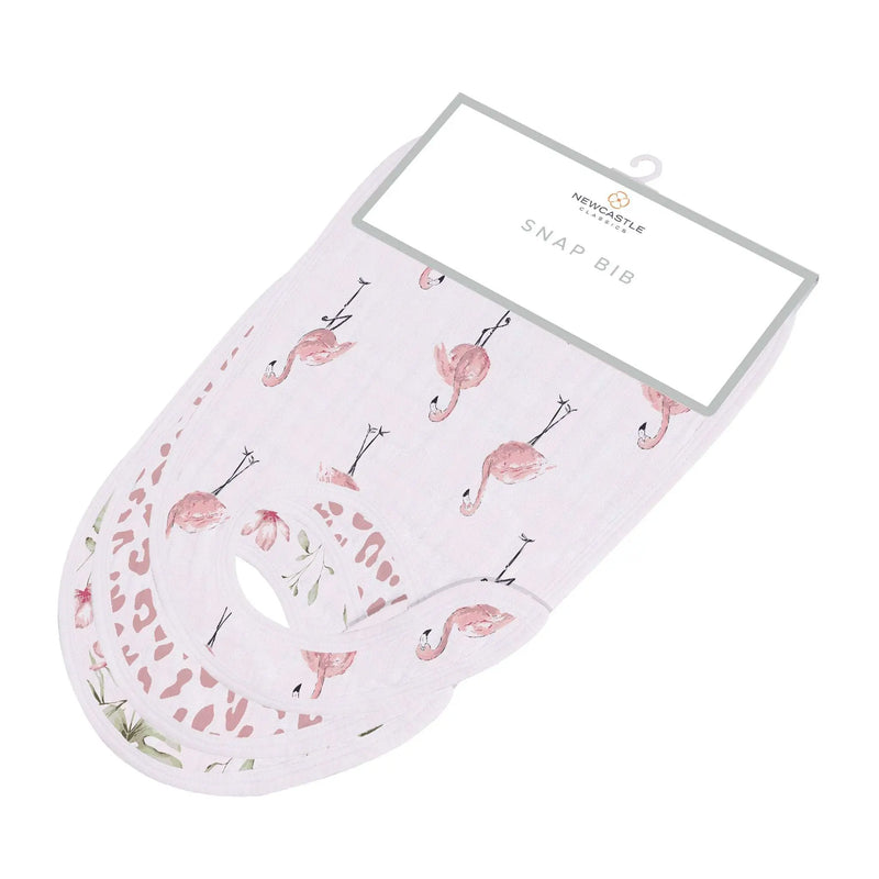Tropical Paradise Bamboo Snap Bibs in flamingo print, set of three, 100% bamboo muslin.