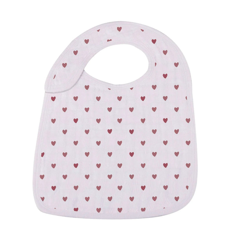 Sweetheart Cherry Hearts Snap Bib made from natural bamboo muslin with red heart pattern.