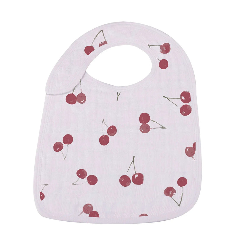Sweetheart Cherry Hearts Snap Bib set with cherry pattern on bamboo muslin.