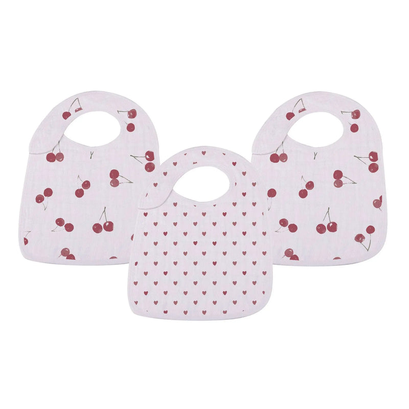 Sweetheart Cherry Hearts Snap Bib set made from 100% natural bamboo muslin, featuring cherry and heart designs.