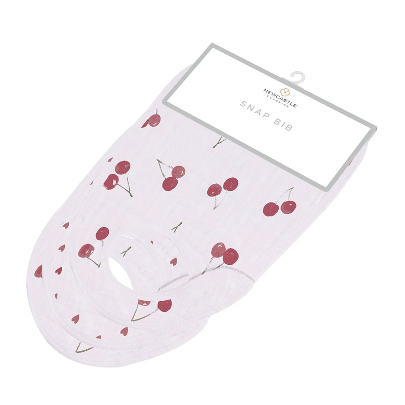 Soft Sweetheart Cherry Hearts Snap Bib set made from 100% natural bamboo muslin.