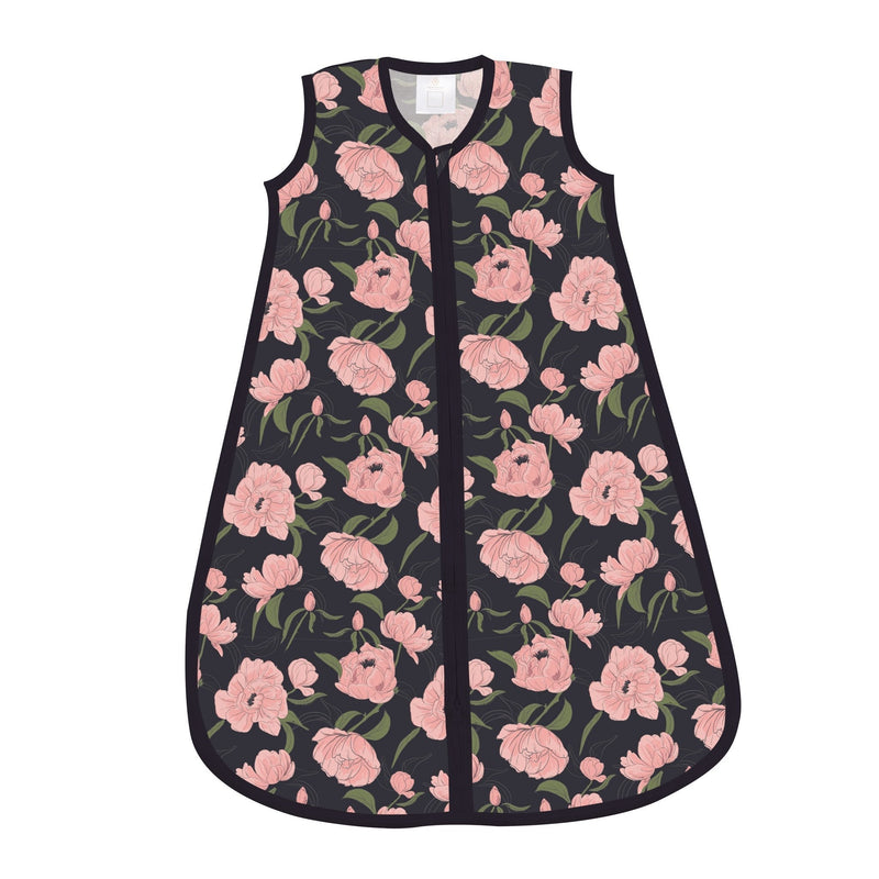 Peonies Bamboo Sleep Sack with floral design, lightweight, sleeveless, and zipper for easy diaper changes.
