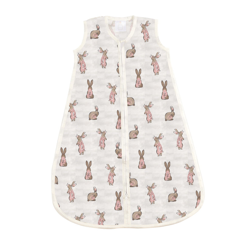Powder Pink Bunnies bamboo sleep sack with sleeveless design and downward zipper.