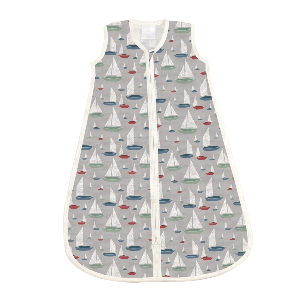 Sleeveless baby sleep sack with a marina sailboats print and a front zipper