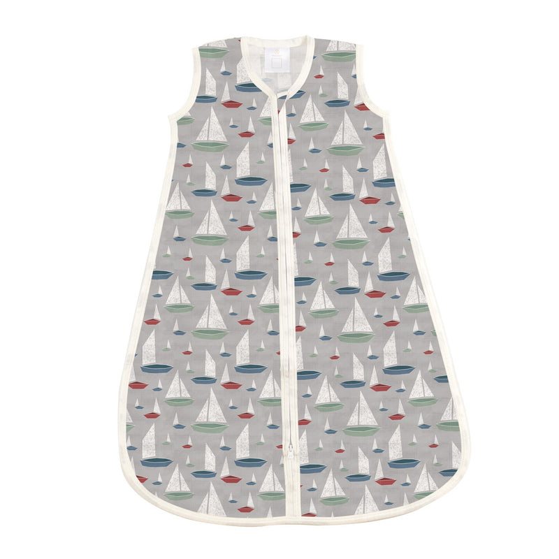 Bamboo sleep sack with marina sailboats pattern on grey background, sleeveless design, downward zipper.
