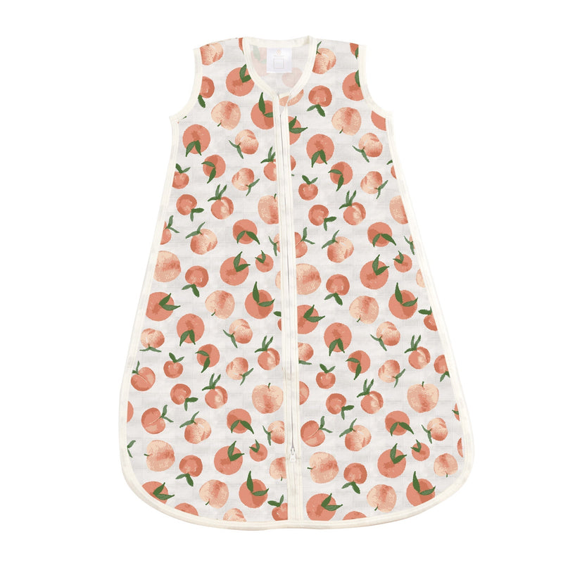 Lightweight Carnelian Peaches Sleep Sack with peach pattern and downward zipper.
