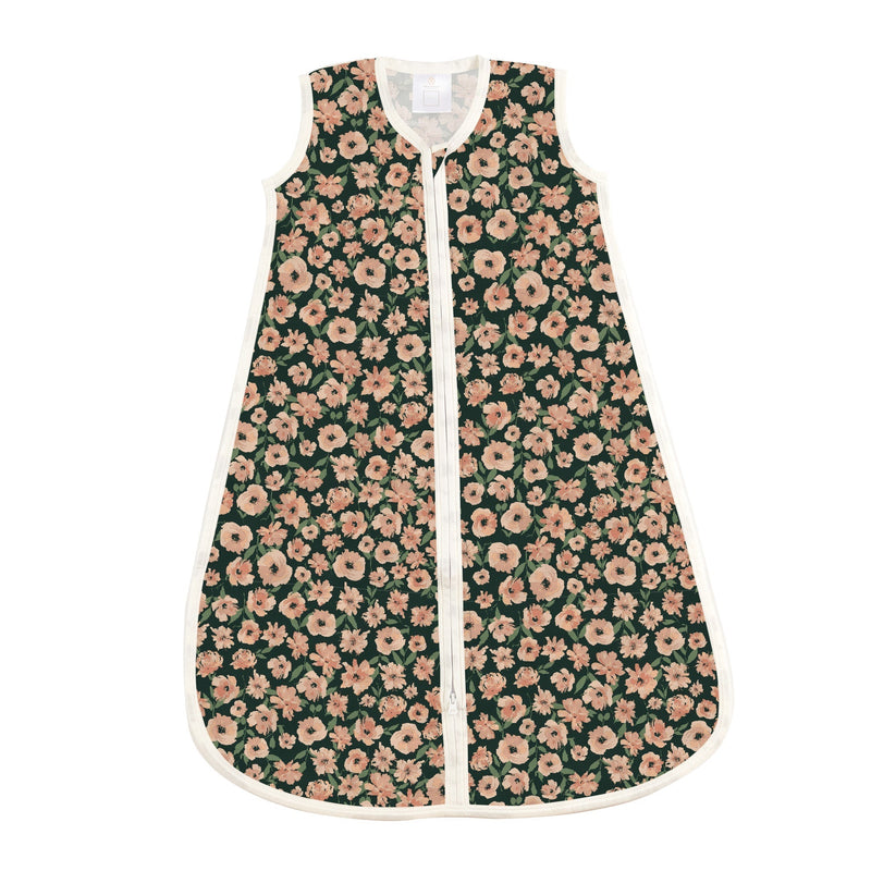 Lightweight sleeveless sleep sack with canyon sunset flowers design and downward zipper.