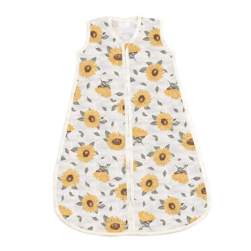 Sleeveless wearable blanket with sunflower print and downward zipper for babies.