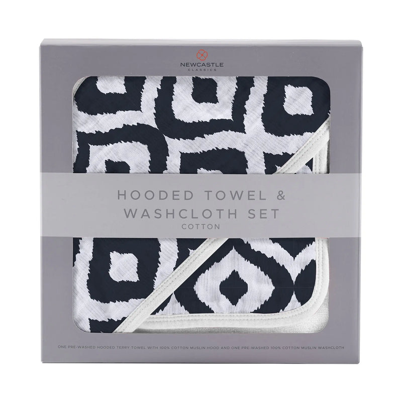 Moroccan Blue Hooded Towel and Washcloth Set in packaging