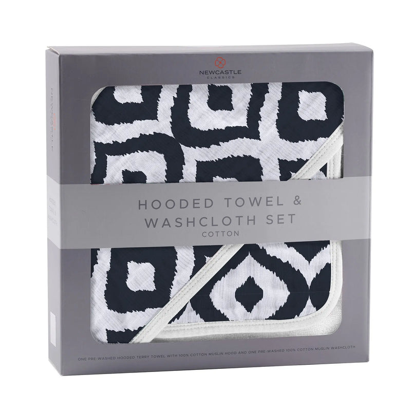 Moroccan Blue Hooded Towel and Washcloth Set in packaging.