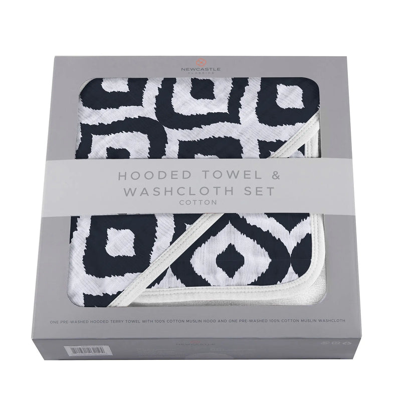 Moroccan Blue Hooded Towel and Washcloth Set in packaging.