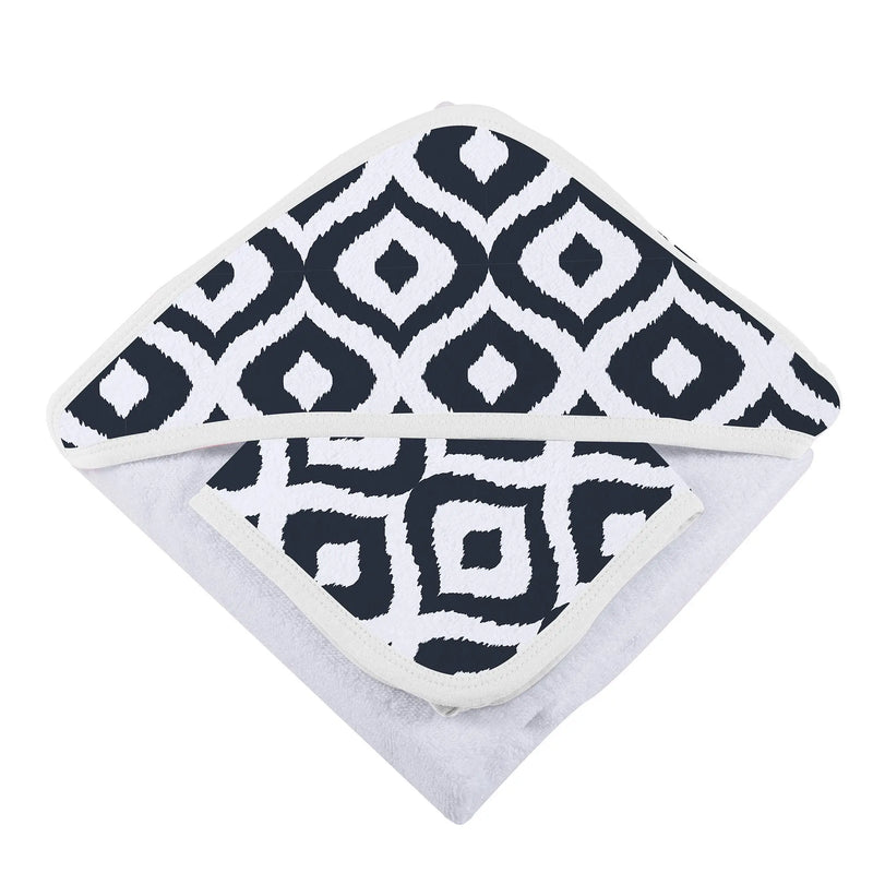 Moroccan Blue Hooded Towel and Washcloth Set with geometric pattern.