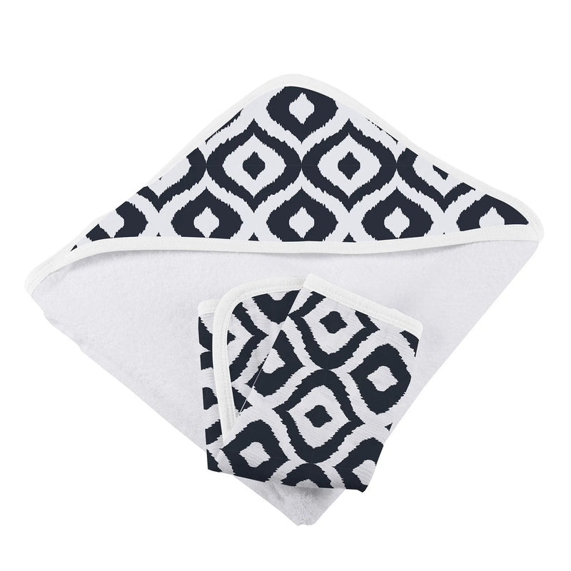 Moroccan Blue Hooded Towel and Washcloth Set in cotton terry fabric.