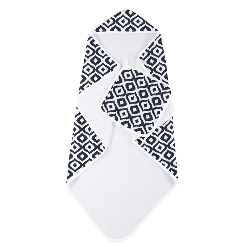 Moroccan Blue Hooded Towel and Washcloth Set in soft cotton terry with geometric pattern.
