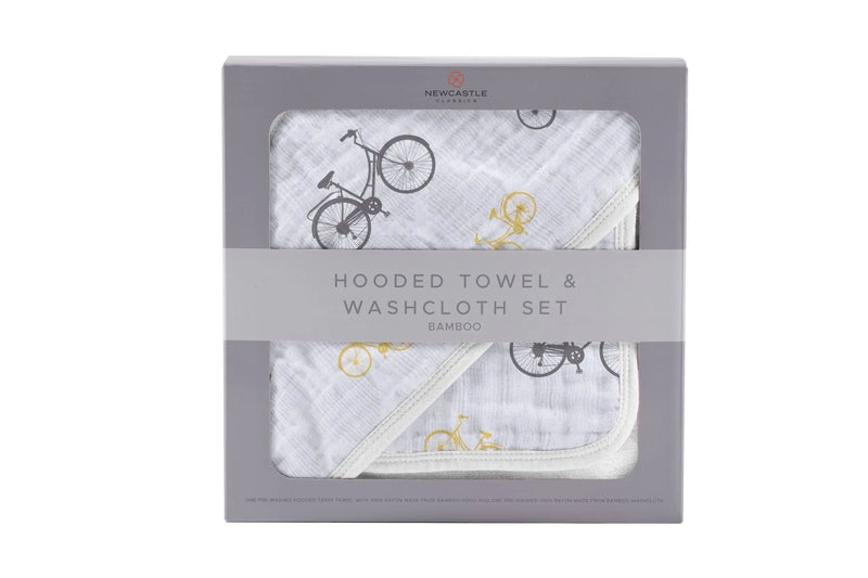 Vintage Bicycle Bamboo Muslin Hooded Towel and Washcloth Set, 100% natural material, 35" x 35", baby bath accessory.