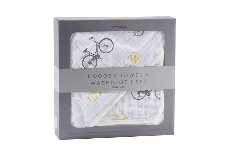 Hooded towel and washcloth set in bamboo muslin with vintage bicycle design in gift box.
