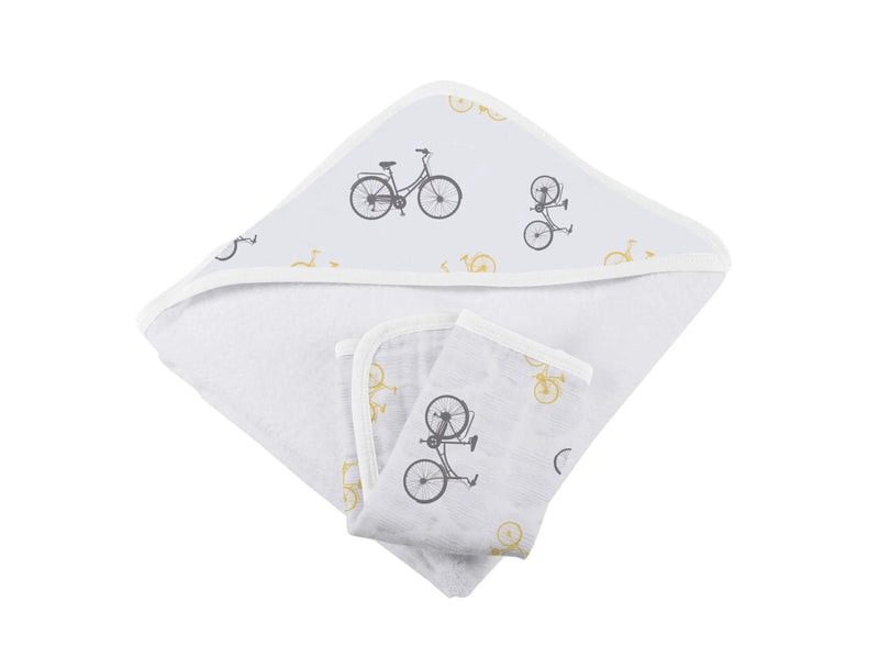 Vintage Bicycle Bamboo Muslin Hooded Towel and Washcloth Set with Bicycle Print