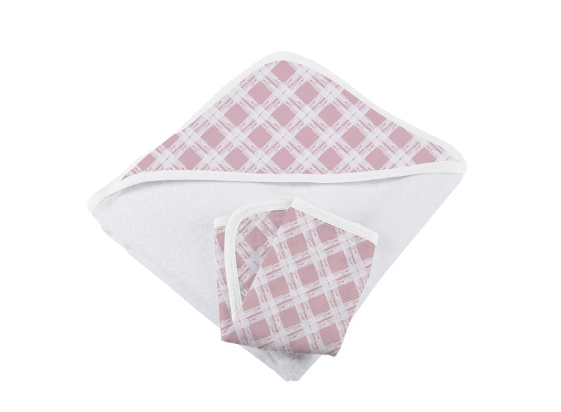 Pink plaid cotton hooded towel and washcloth set with terry texture.