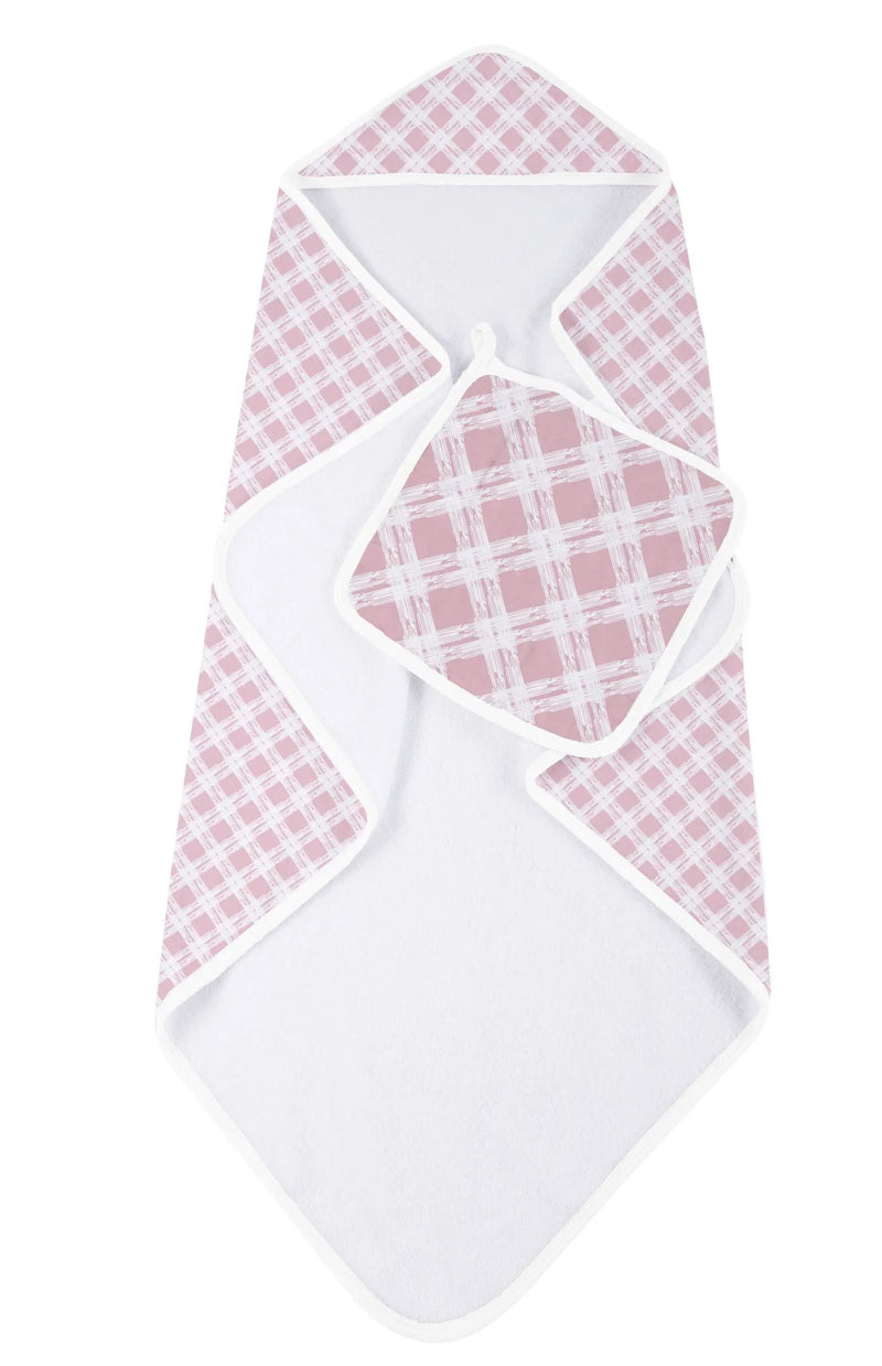 Pink plaid cotton hooded towel and washcloth set with soft terry material.