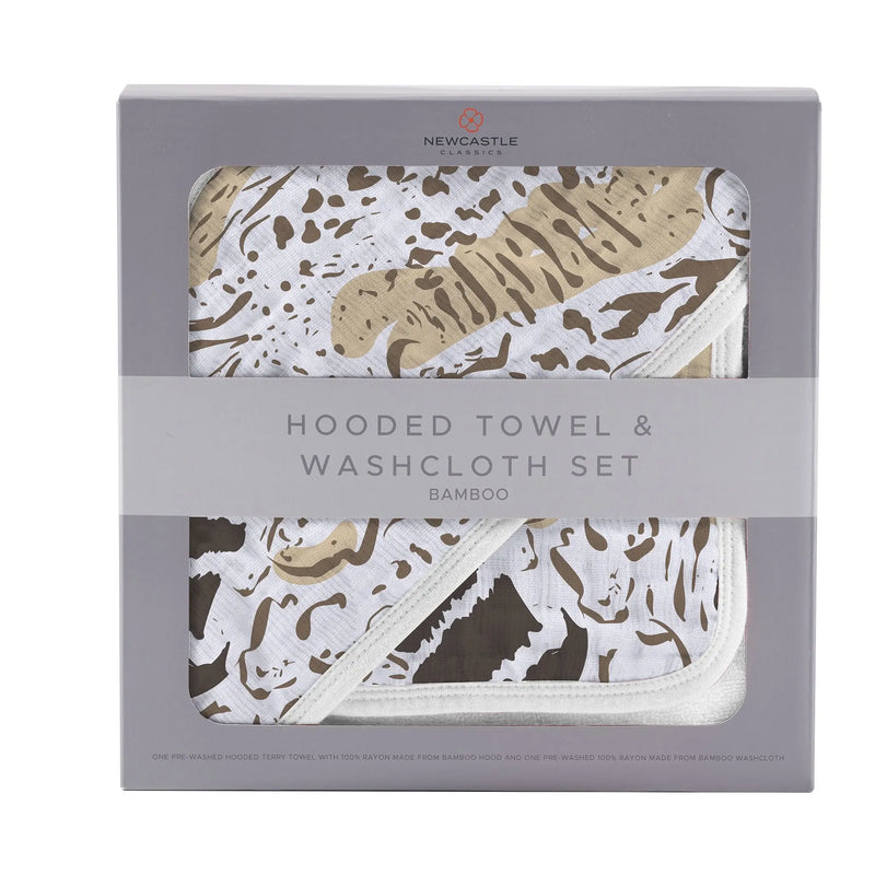 Animal print bamboo hooded towel and washcloth set in packaging.