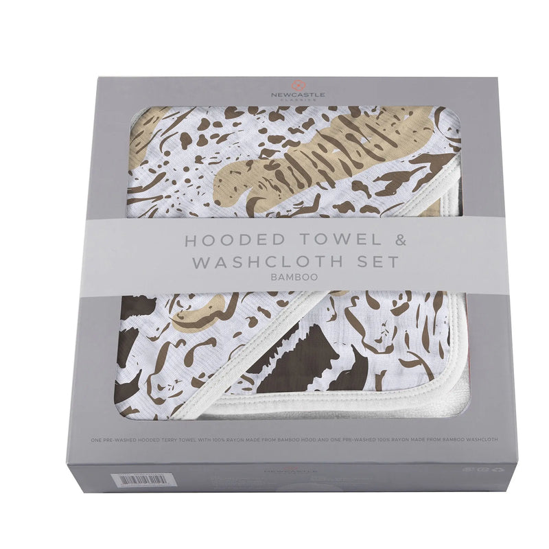 Animal Print Bamboo Hooded Towel and Washcloth Set in packaging.