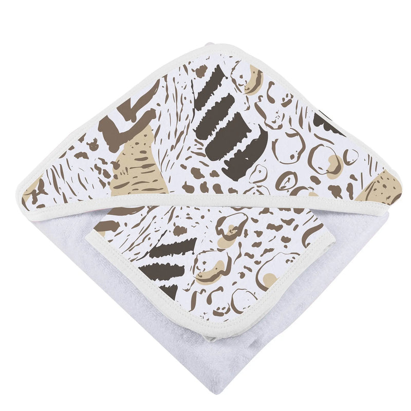 Animal print bamboo hooded towel and washcloth set made from soft natural bamboo muslin.