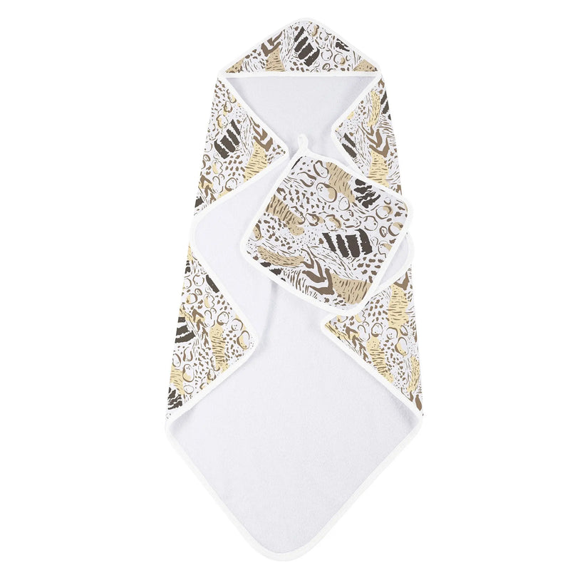 Animal print bamboo hooded towel and washcloth set in white and printed design.