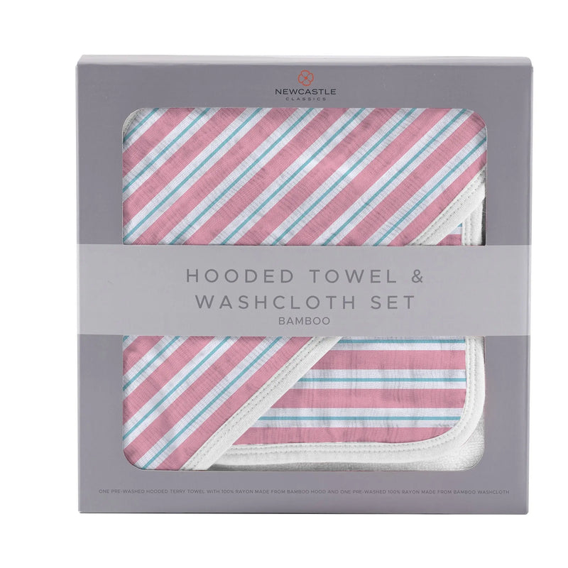 Candy Stripe Bamboo Hooded Towel and Washcloth Set in packaging.