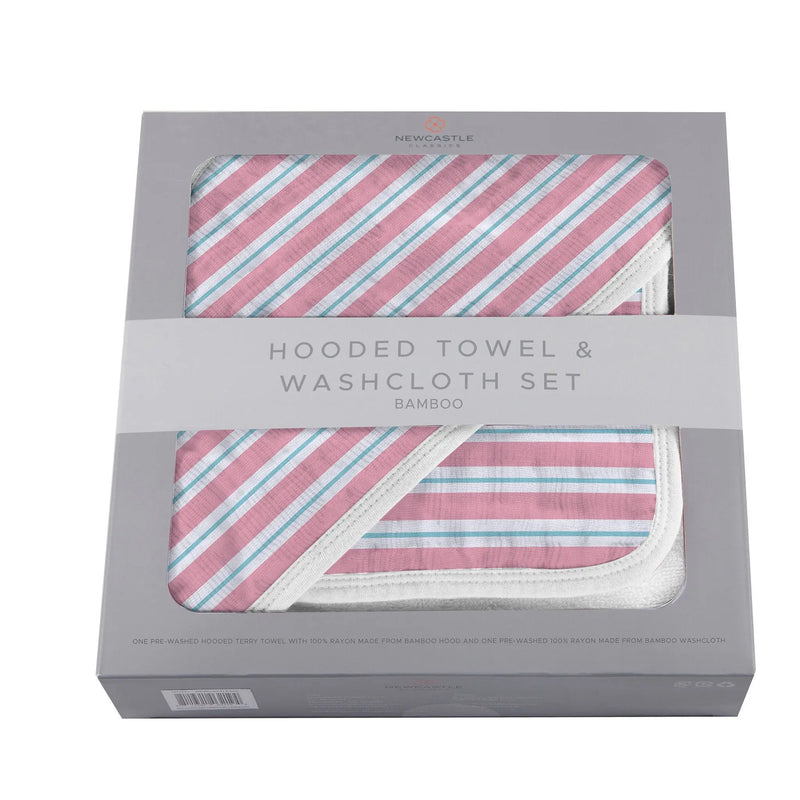 Candy Stripe Bamboo Hooded Towel and Washcloth Set in packaging.