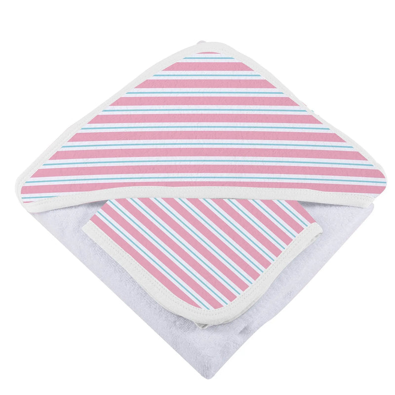 Candy Stripe Bamboo Hooded Towel and Washcloth Set in pink and white stripes.
