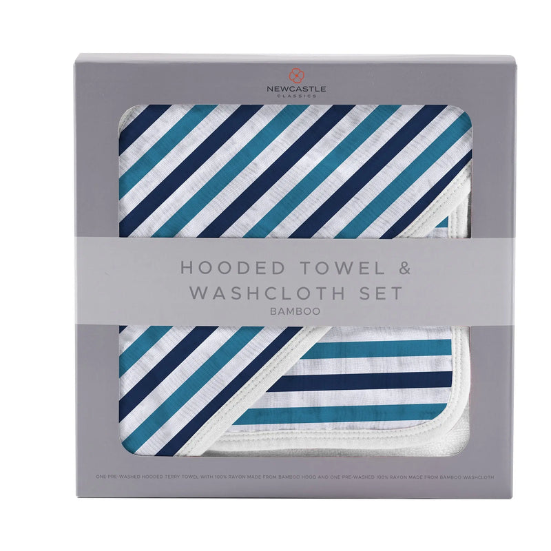 Blue and white stripe bamboo hooded towel and washcloth set in packaging.