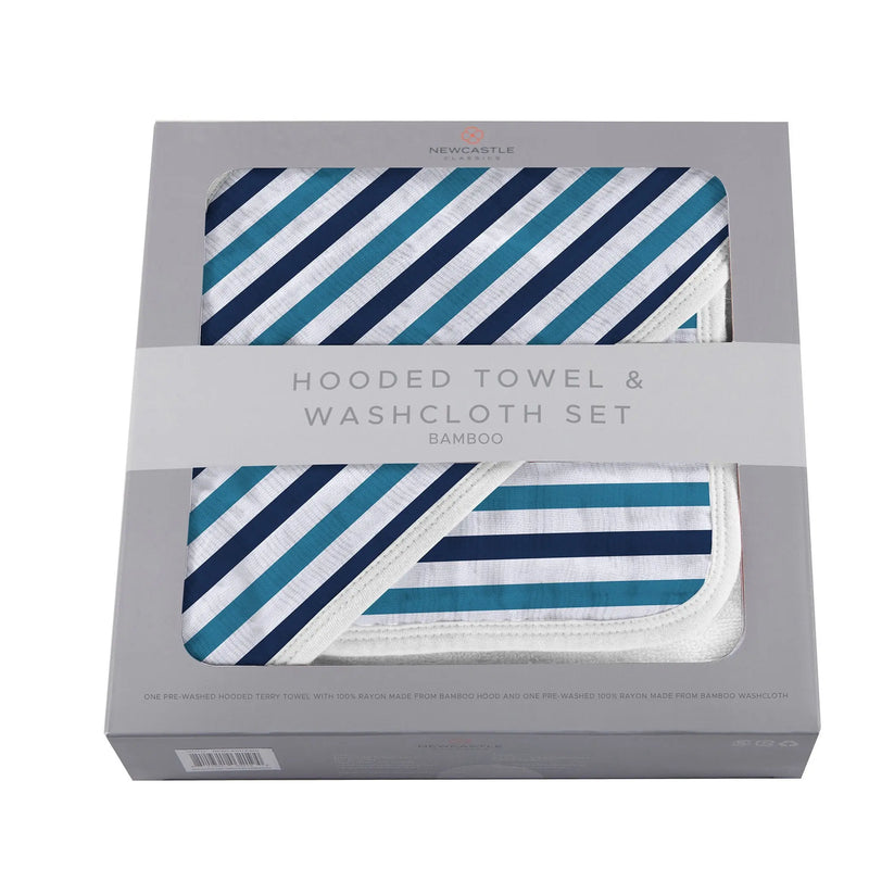 Blue and white stripe bamboo hooded towel and washcloth set in packaging.