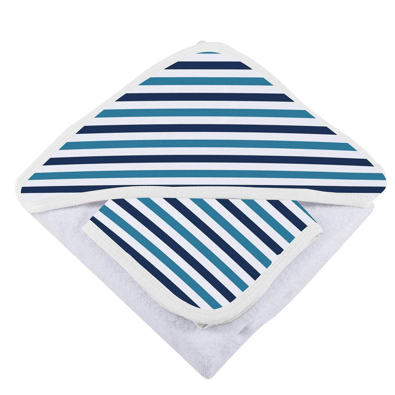 Blue and white stripe bamboo hooded towel and washcloth set for babies.