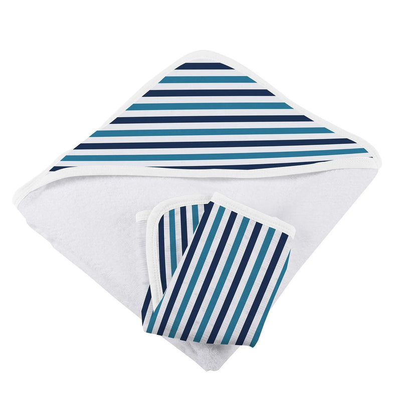 Blue and white stripe bamboo hooded towel and washcloth set.
