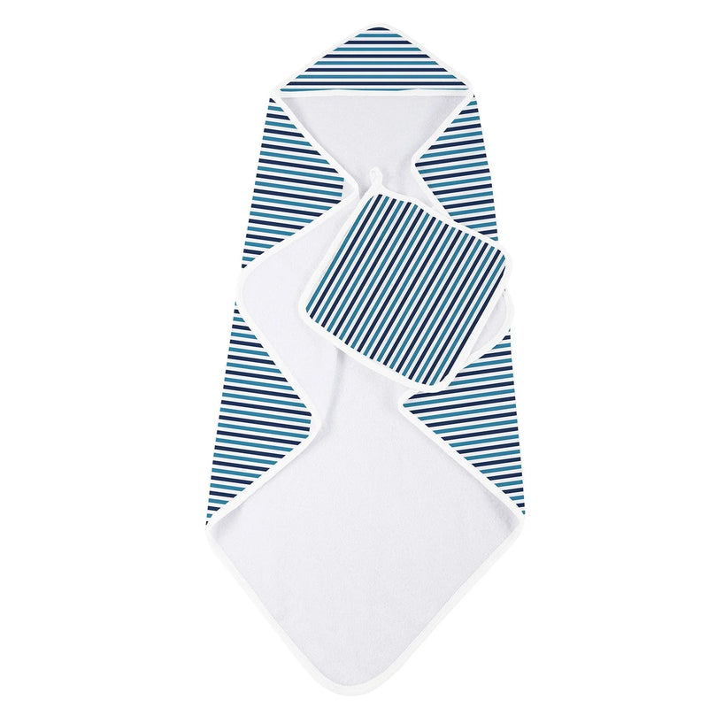 Blue and white striped bamboo hooded towel and washcloth set.