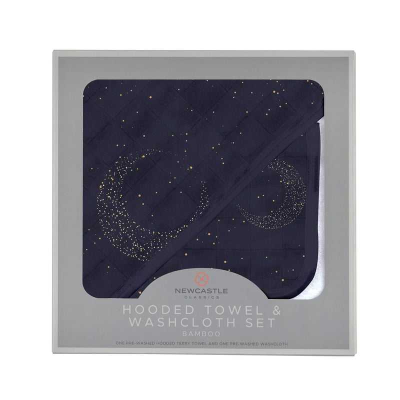 Midnight Moon Bamboo Hooded Towel and Washcloth Set in packaging.