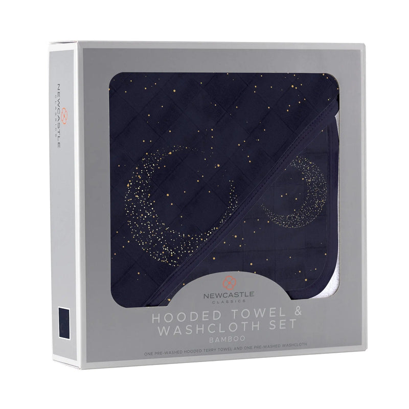 Midnight Moon Bamboo Hooded Towel and Washcloth Set in packaging, made from 100% natural bamboo muslin.