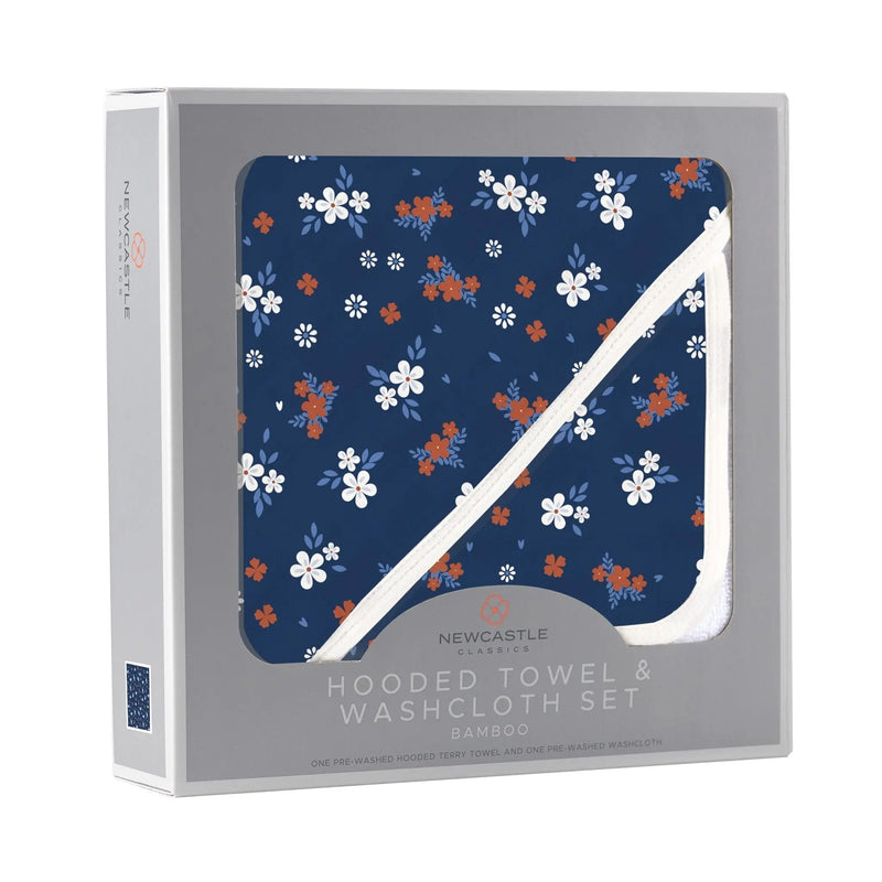Serenity Floral Bamboo Hooded Towel and Washcloth Set in packaging with floral design.