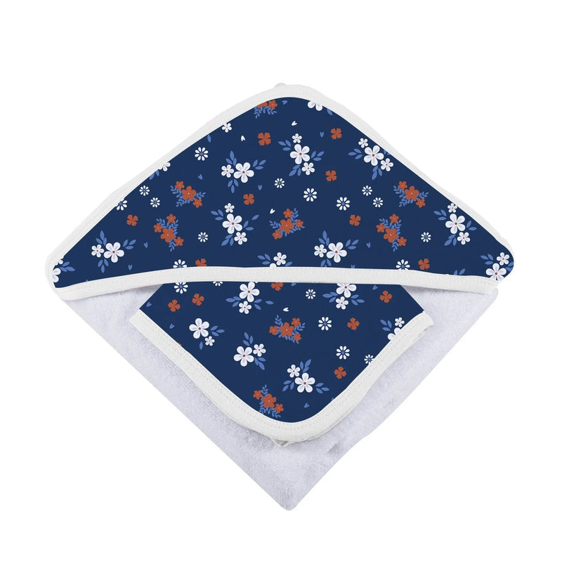 Serenity Floral Bamboo Hooded Towel and Washcloth Set with floral pattern design, made from soft natural bamboo muslin.
