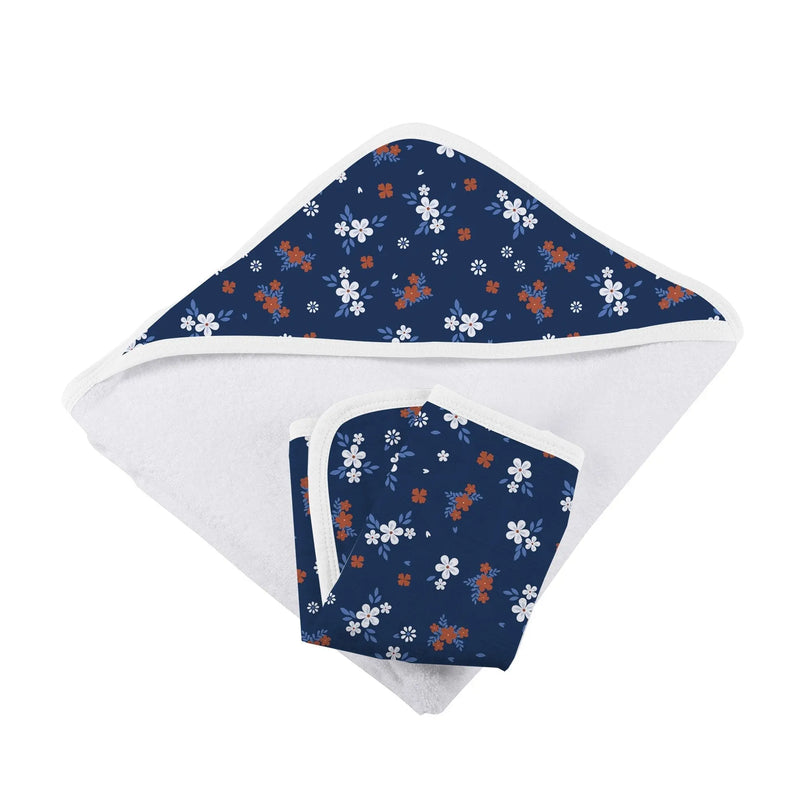 Serenity Floral Bamboo hooded towel and washcloth set with floral design, made from 100% natural bamboo muslin.