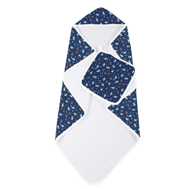 Serenity Floral Bamboo Hooded Towel and Washcloth Set made of soft natural bamboo muslin.