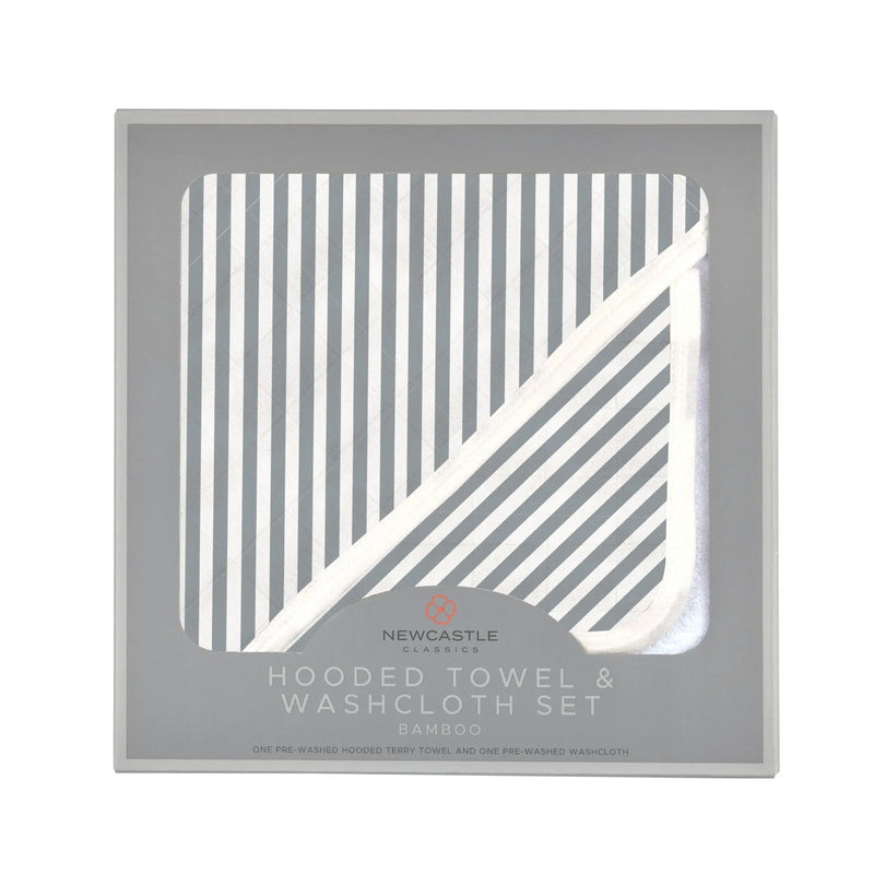 Finley Stripe Bamboo Hooded Towel and Washcloth Set in packaging.