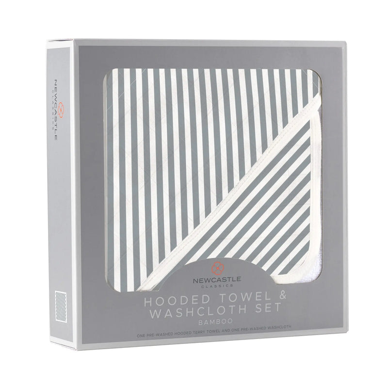 Finley Stripe Bamboo Hooded Towel and Washcloth Set in packaging.