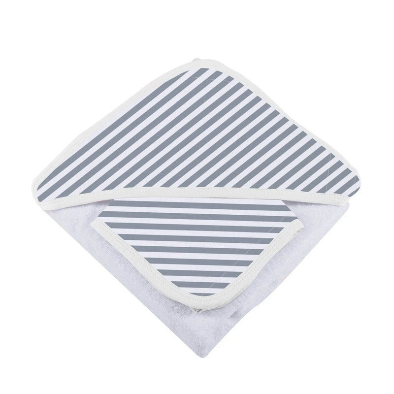 Finley Stripe Bamboo Hooded Towel and Washcloth Set in blue and white stripes, made from 100% natural bamboo muslin.